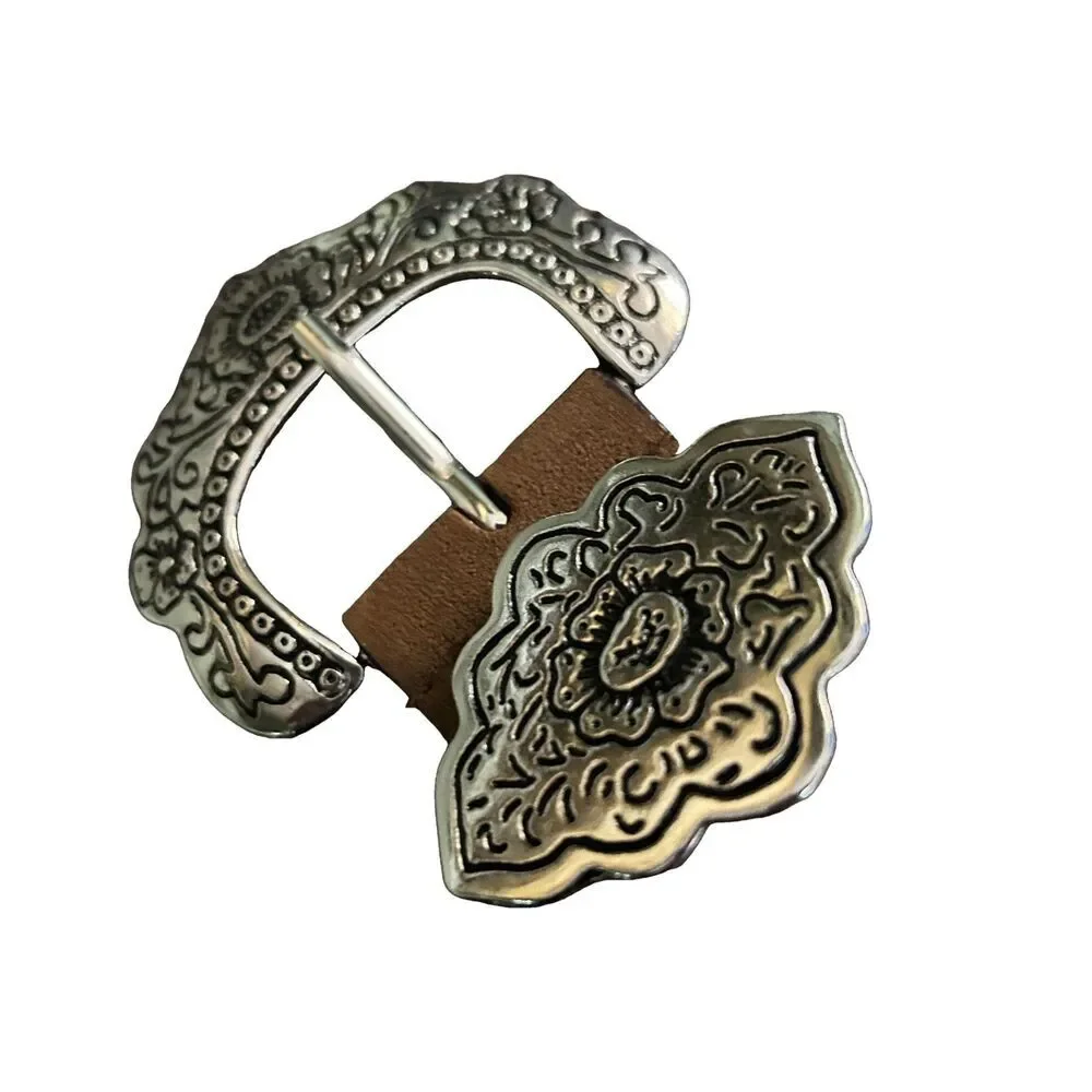 Tan Faux Leather Belt Silver Tone Ornate Western Buckle 48 Inch - Picture 3 of 7